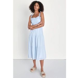 Lulu’s Flirting with Summer Blue Striped Tie-Strap Tiered Midi Dress 🩵